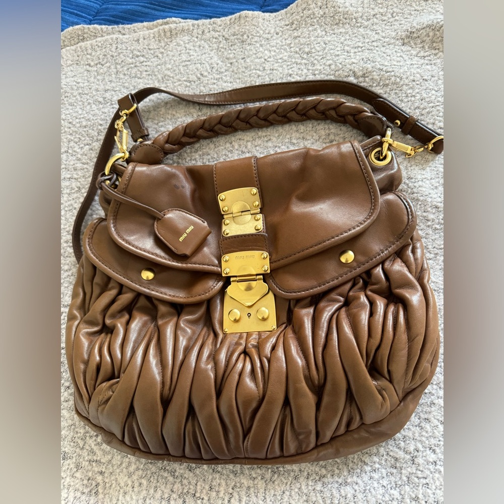 Miu Miu Brown Nappa Leather Shoulder Bag with Gold Hardware
